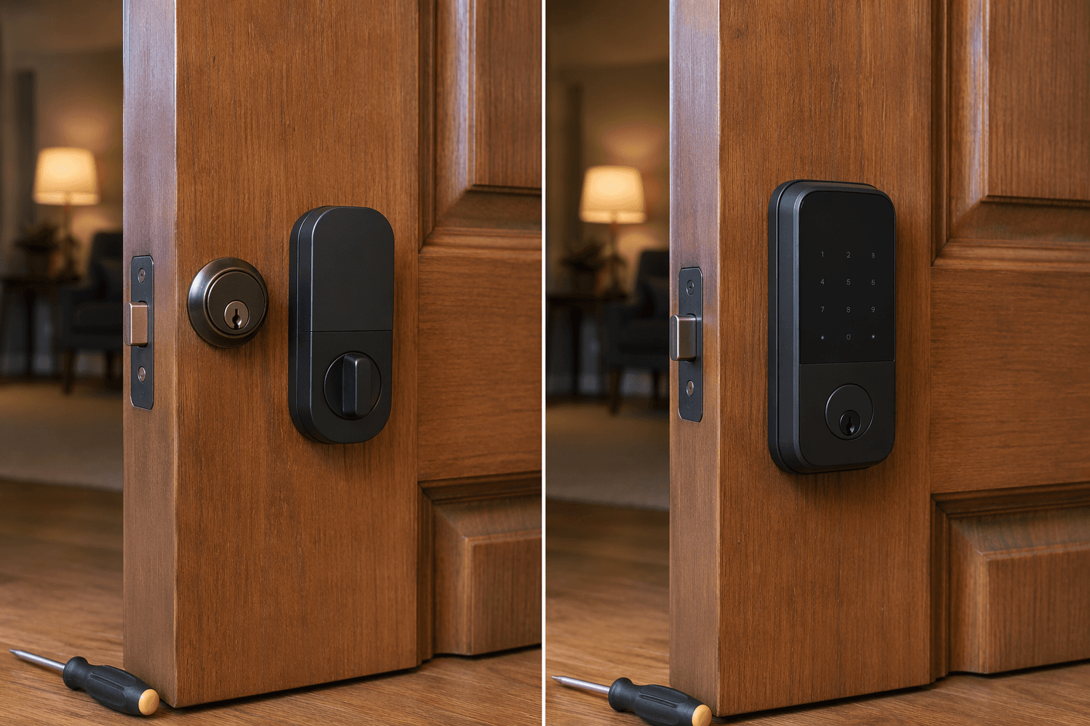 Comparison of retrofit and full smart lock replacement installation on a wooden door