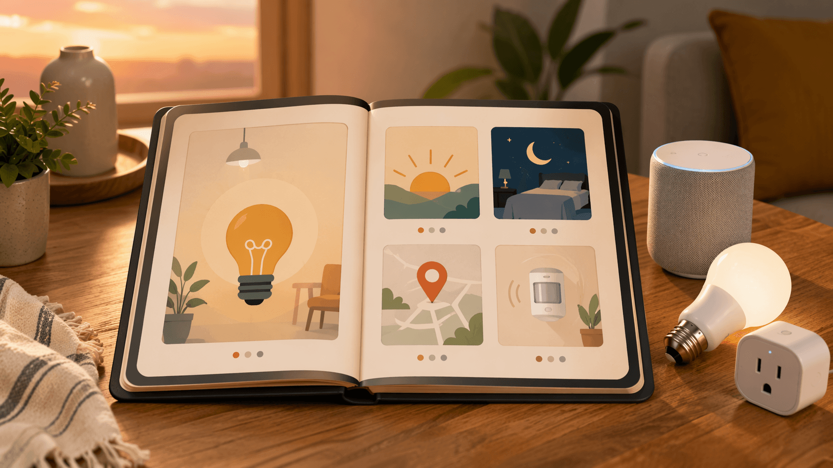 Recipe cards with a smart speaker, bulb, and plug arranged like cooking ingredients on a table