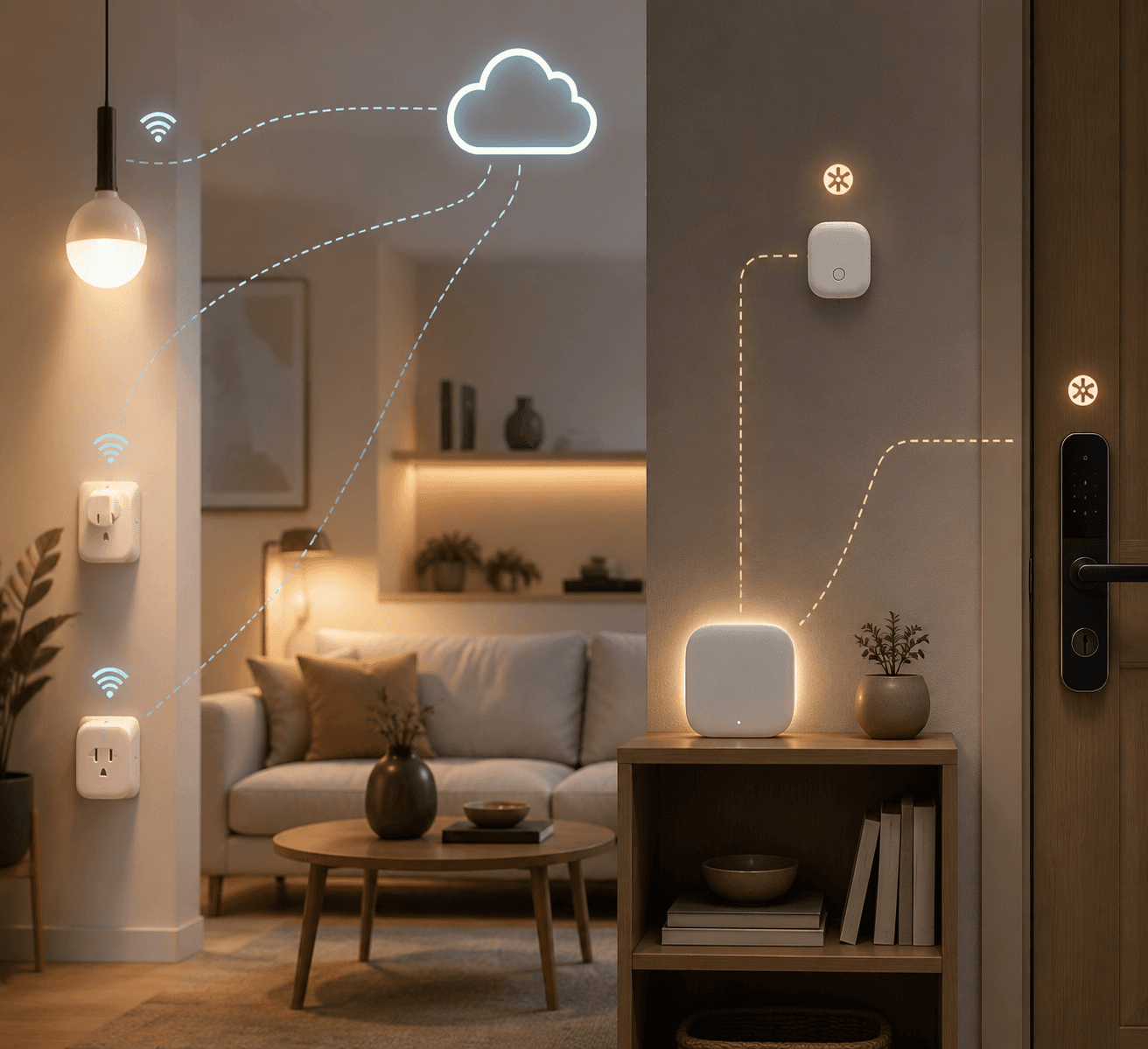 Smart home setup comparing Wi-Fi devices connecting directly and Zigbee or lock devices routing through a central hub