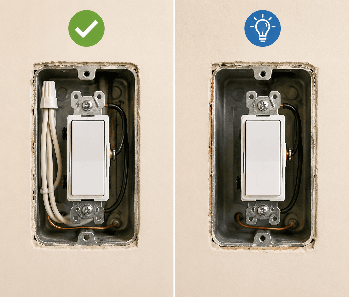 Two open wall switch boxes showing a modern neutral wire bundle in one box and an older no-neutral box in the other