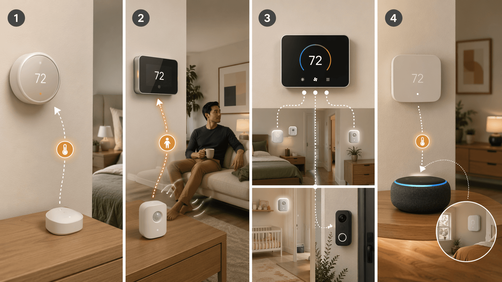 Editorial comparison of smart thermostat sensor approaches, including temperature-only sensing, occupancy-aware follow-me comfort, multi-room sensors, and smart-speaker temperature sensing