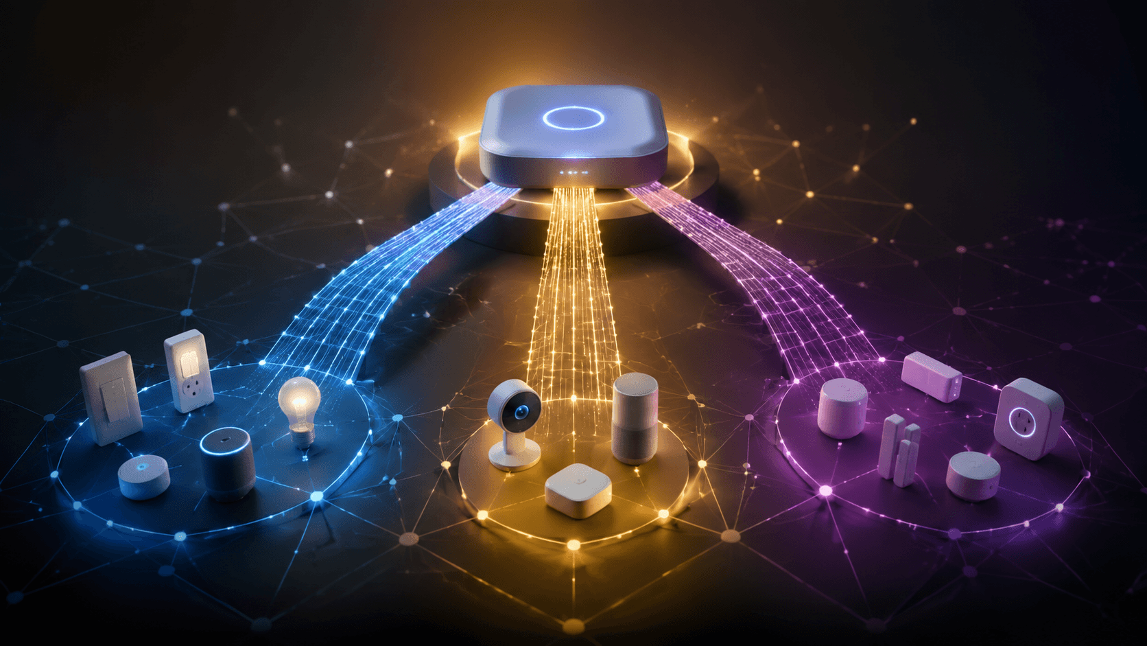 Editorial illustration of Matter, Zigbee, and Z-Wave network paths branching from a smart home hub