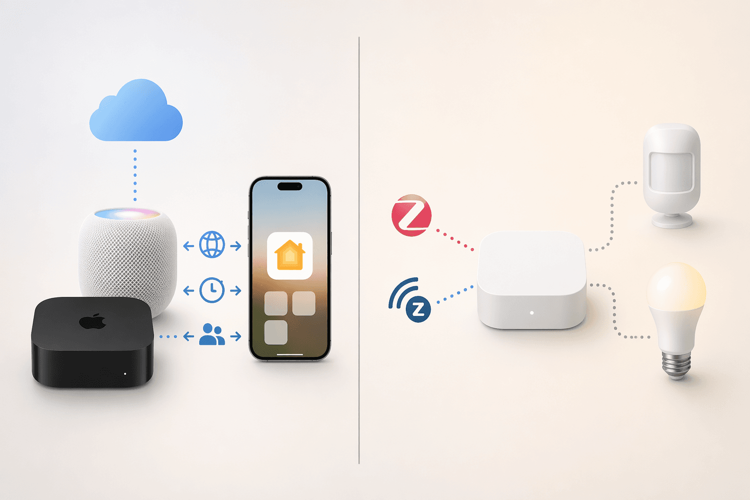 A split illustration showing an Apple HomeKit Hub connected to an iPhone with arrows for remote access, automations, and sharing on the left, and a bridge device connected to Zigbee and Z-Wave sensors and a light bulb on the right.