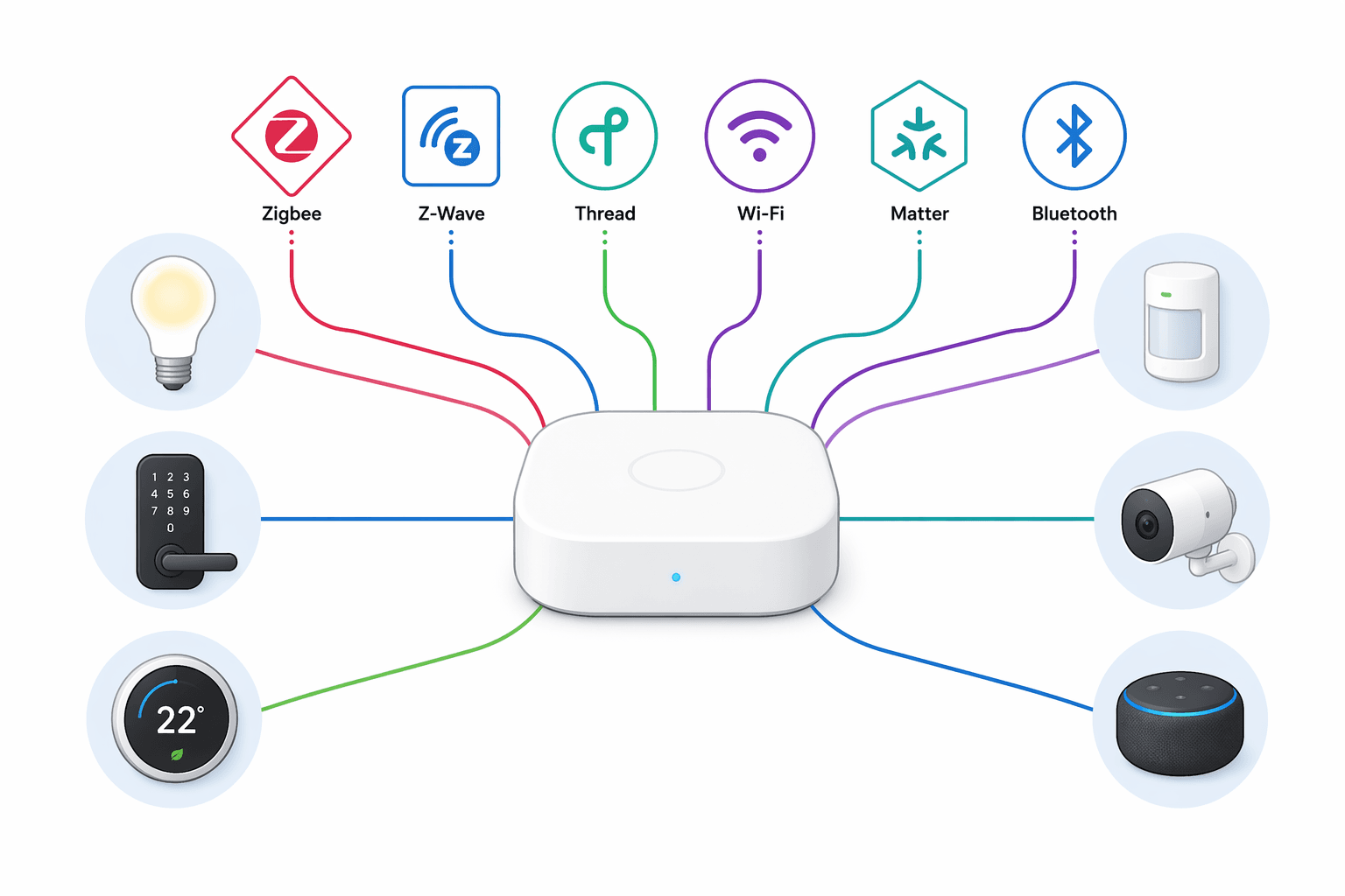 Minimalist diagram with a central hub at the center and colored connection lines radiating to icons of light bulb, door lock, thermostat, motion sensor, camera, and smart speaker. Protocol symbols for Zigbee, Z-Wave, Thread, Wi-Fi, Matter, and Bluetooth surround the hub.