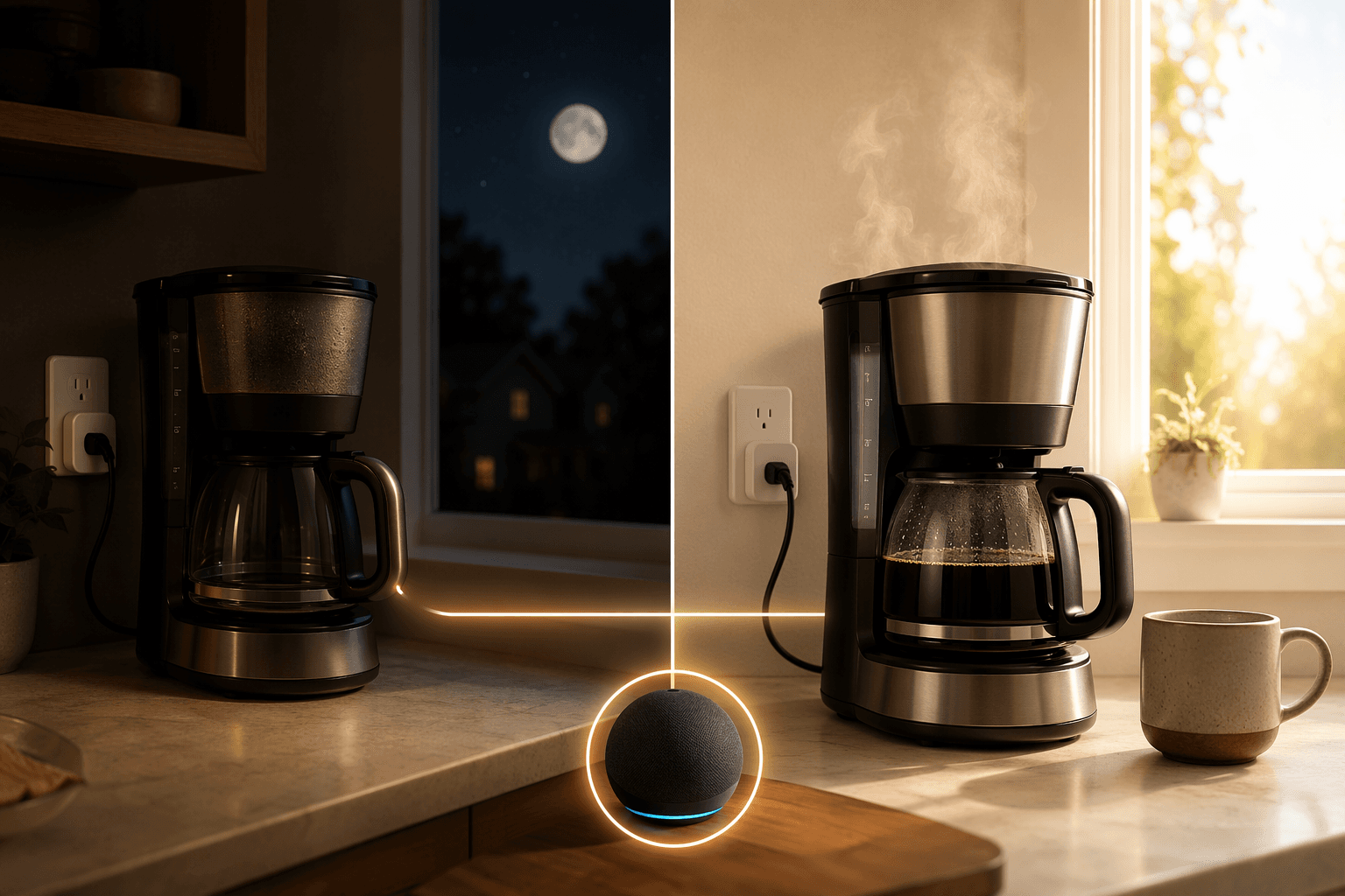 Coffee maker prepared at night and brewing in the morning through an Alexa smart plug routine