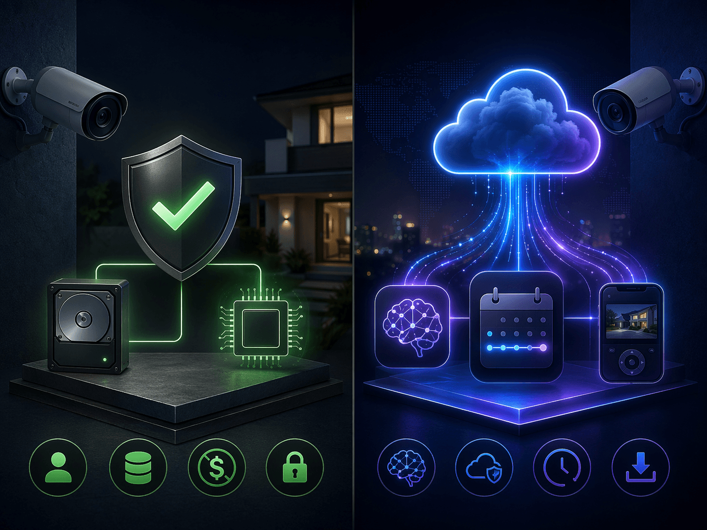 Comparison of local camera storage benefits such as ownership and privacy against cloud features such as AI search and off-site backup