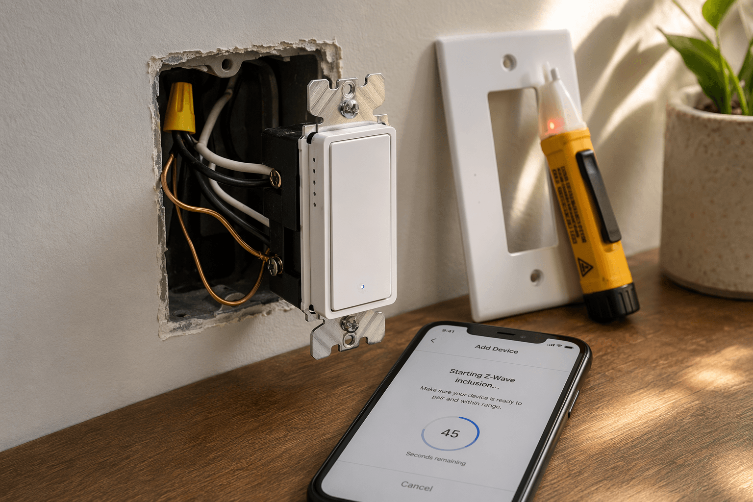 Z-Wave smart light switch with exposed wiring, voltage tester, and phone pairing screen nearby