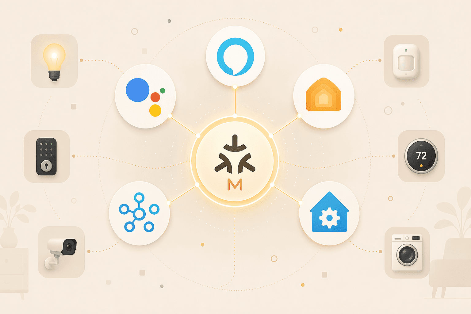 Matter bridge symbol connecting smart home platform icons and device types