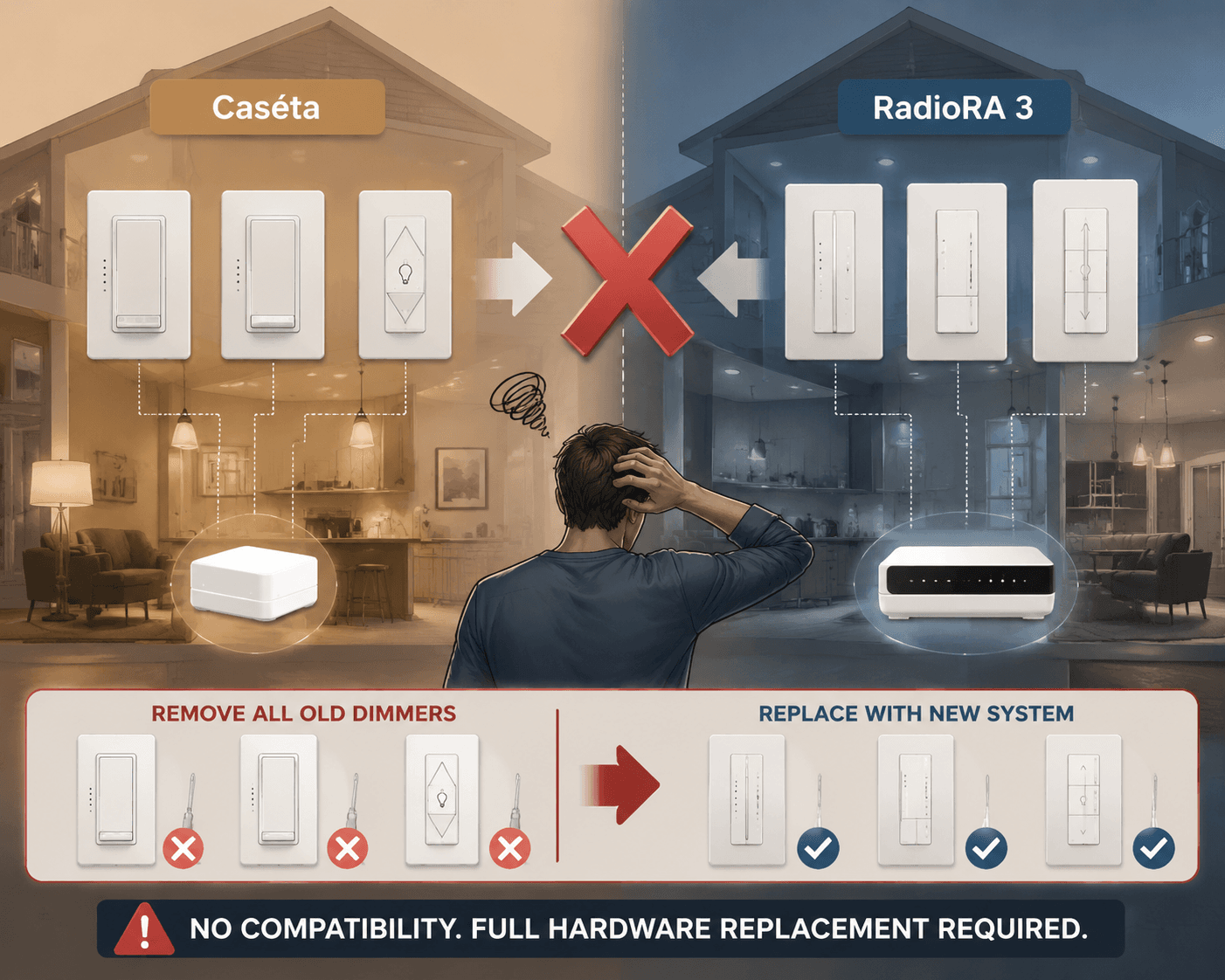 Illustration of Caséta-style dimmers and hub blocked from upgrading directly to RadioRA 3-style dimmers and hub