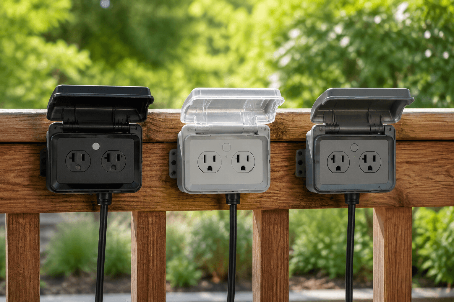 Three similar weatherproof outdoor smart plugs mounted side by side on a deck railing