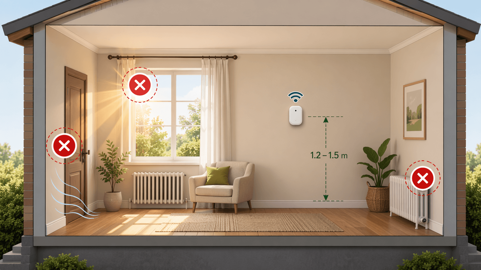 Room diagram showing a temperature sensor mounted at 1.2 to 1.5 meters on an interior wall away from heat, sun, and drafts