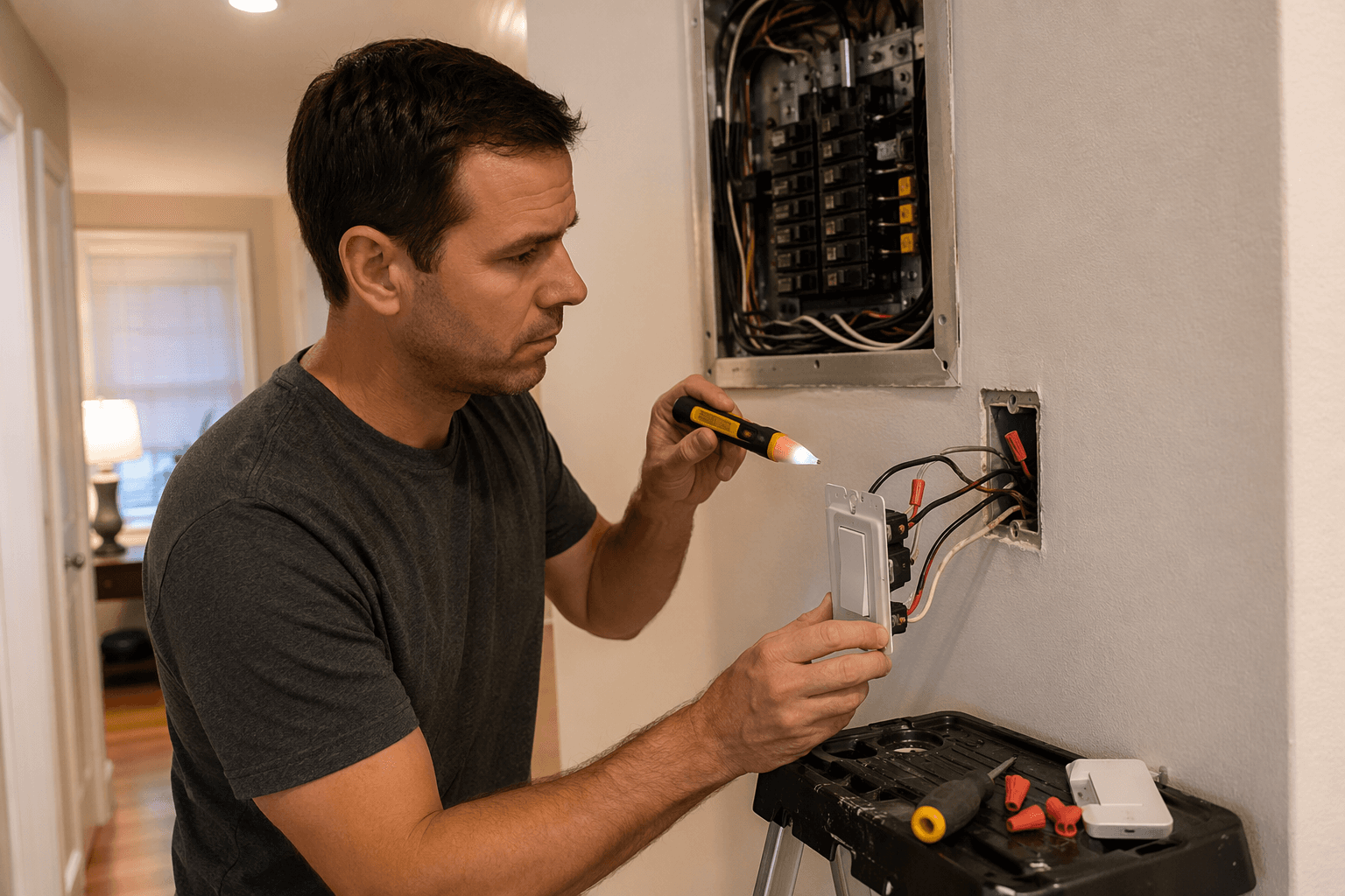 Open breaker panel and smart switch box with exposed wires and a non-contact voltage tester nearby