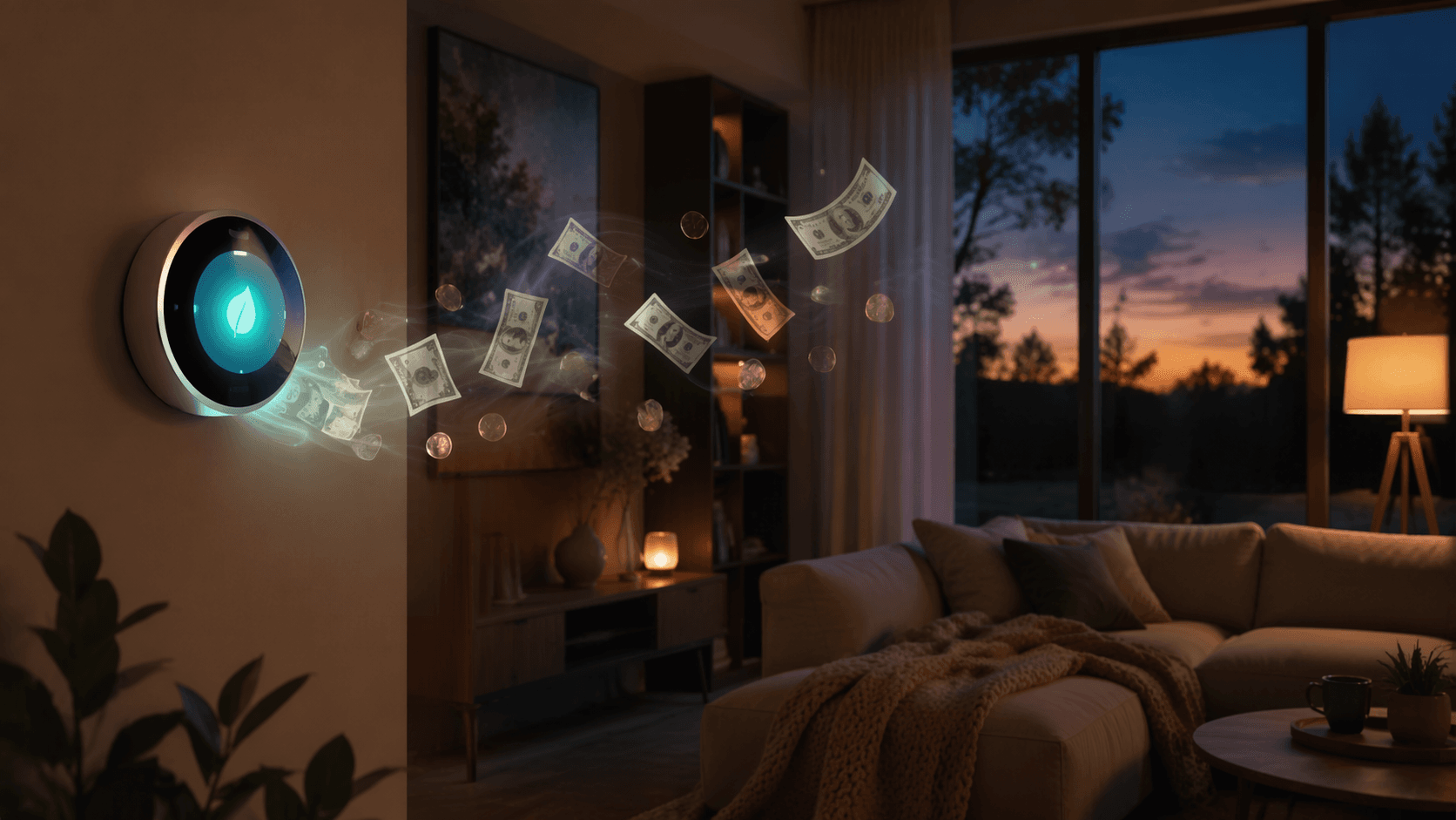 Smart thermostat in a warm modern living room with money symbols suggesting home energy savings