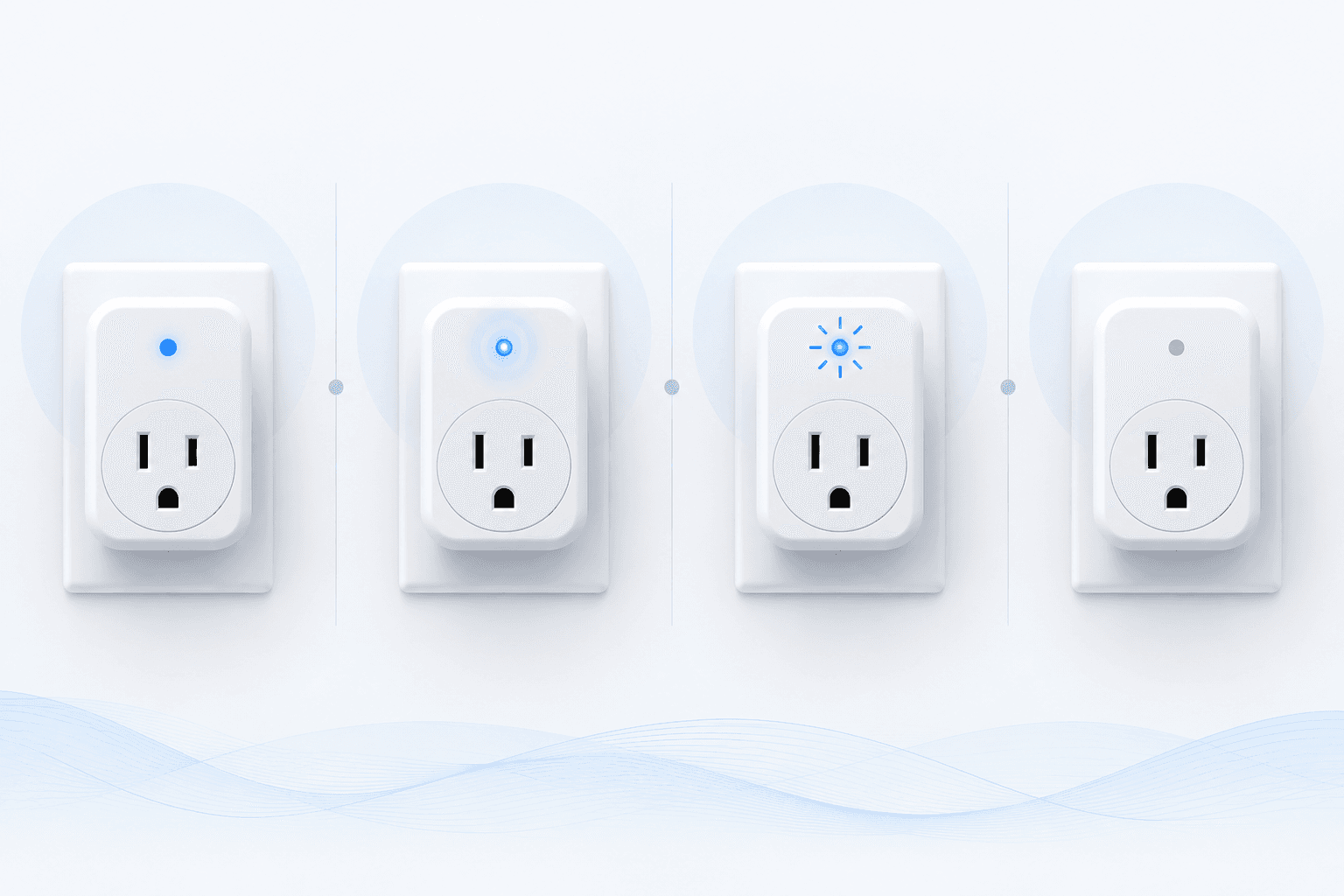 Smart plug LED states showing solid blue, slow pulsing blue, rapid blinking blue, and off