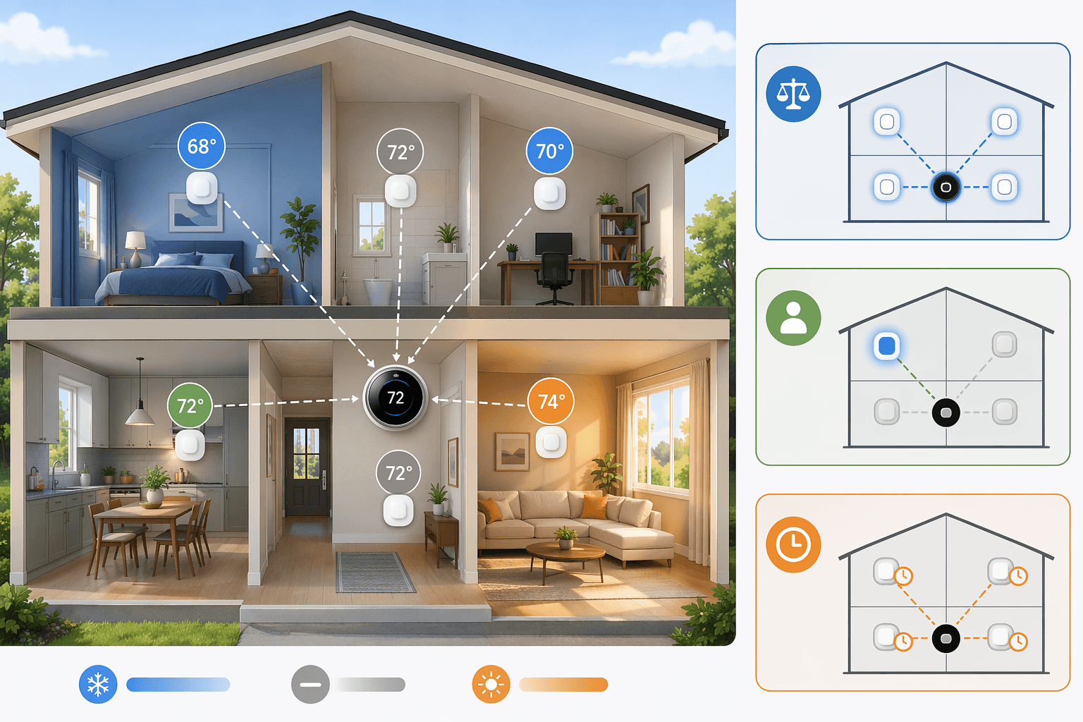 Two-story home showing thermostat and room sensors using average, occupancy priority, and schedule modes