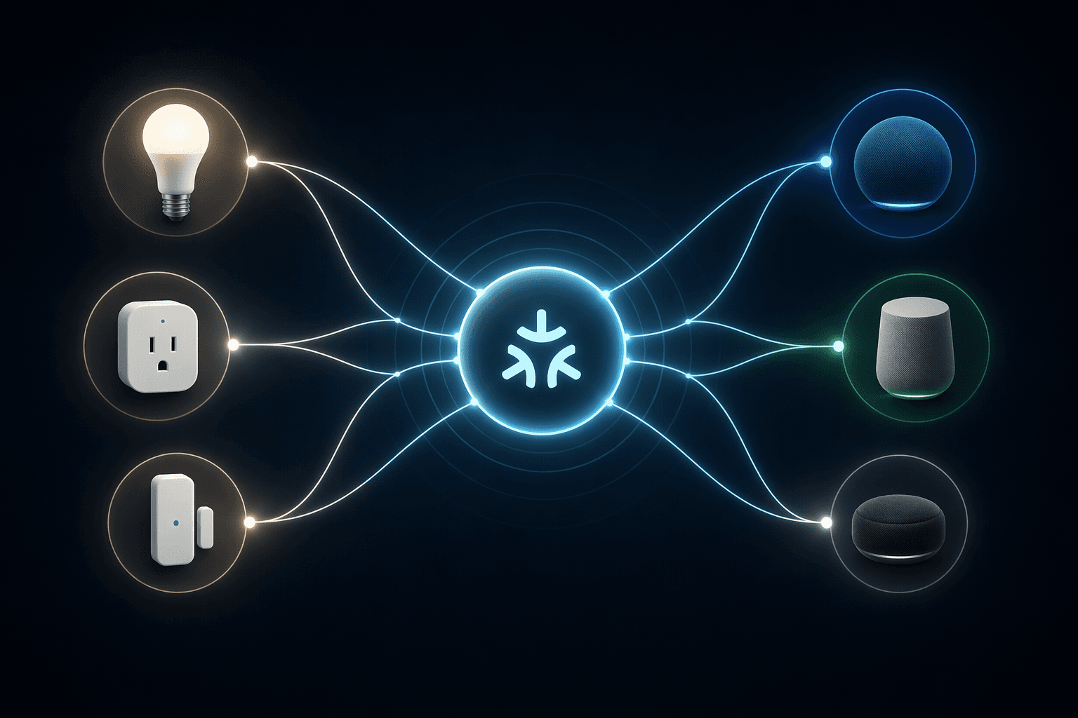 Matter and Thread hub connecting smart bulbs, plugs, and sensors across multiple platforms
