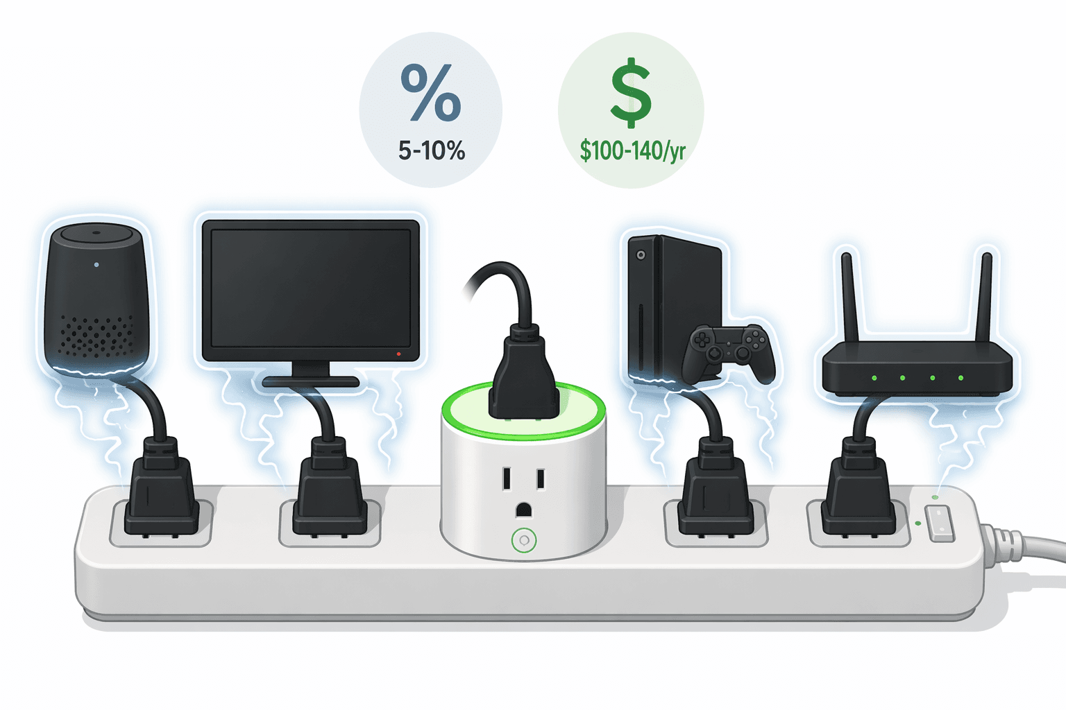 Smart plug stopping standby electricity waste from devices connected to a power strip
