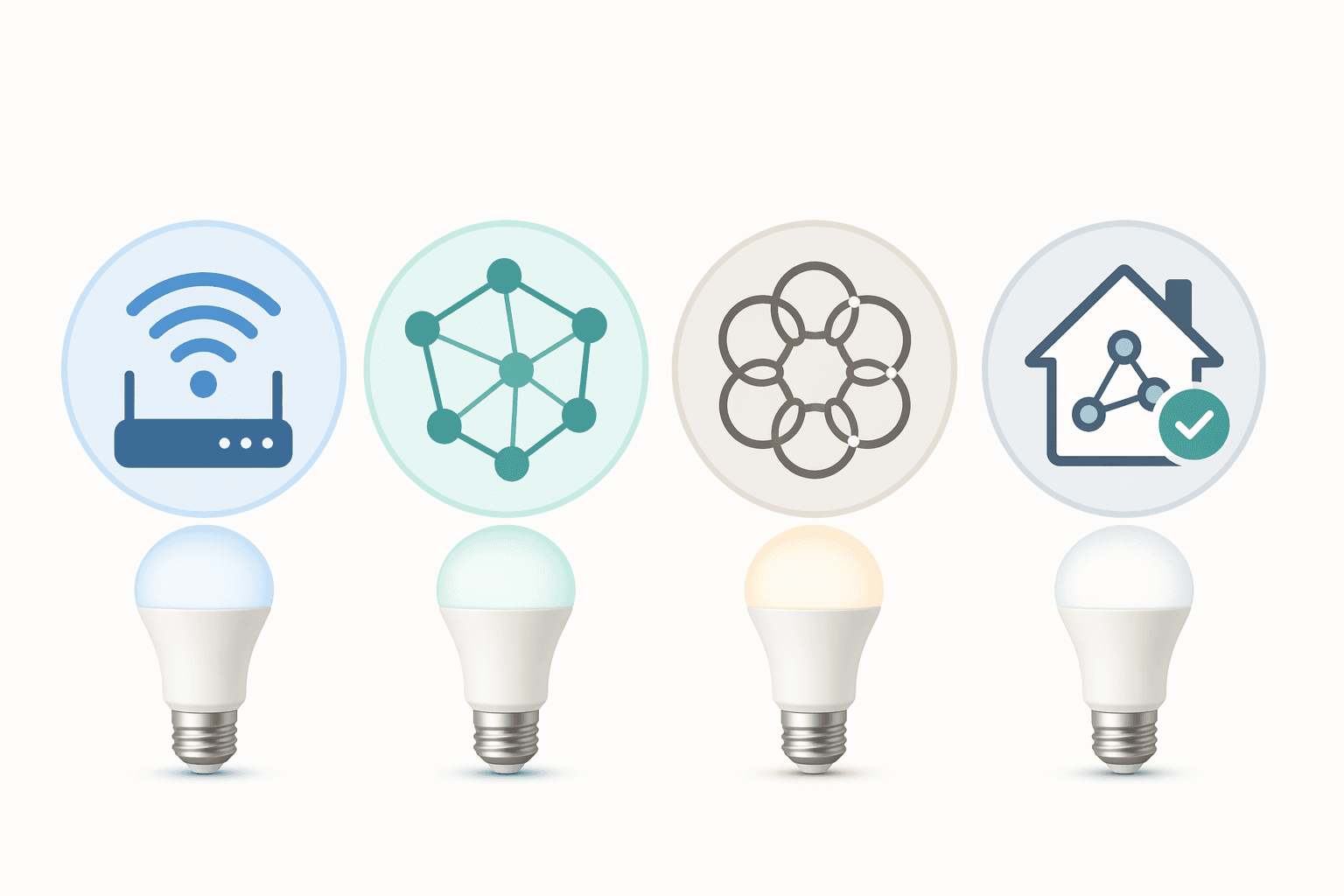 Clean editorial illustration of four abstract connectivity protocol icons in a row: a Wi-Fi signal with router, a Zigbee mesh node, a Thread connected chain-like icon, and a Matter house with checkmark, in a soft blue and teal color palette.