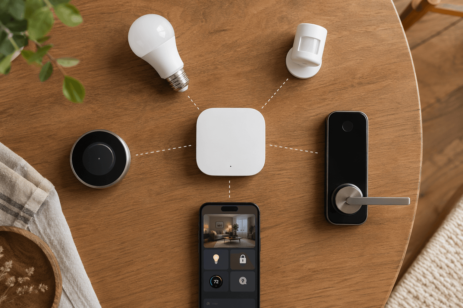 Overhead flat-lay photograph on a wooden table: a small white smart home controller hub at the center, surrounded by a smart bulb, a motion sensor, a thermostat, a door lock, and a smartphone showing a home automation dashboard.