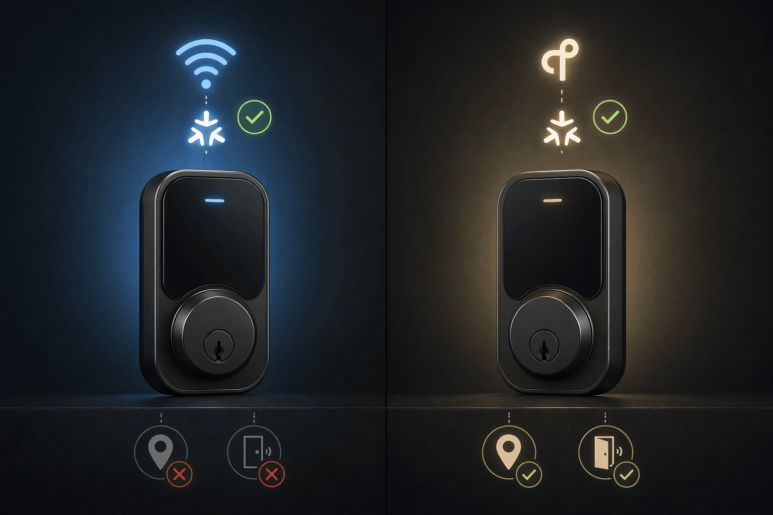 Side-by-side comparison of Wi-Fi and Thread Matter smart lock feature trade-offs