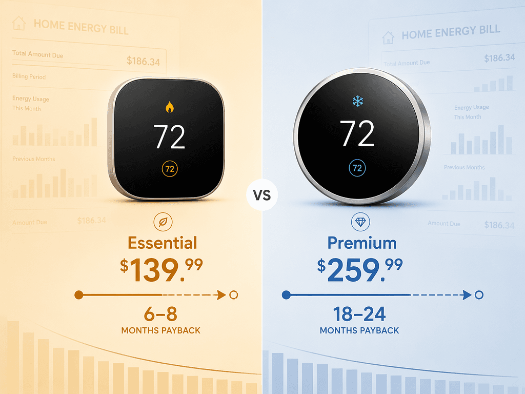 Comparison of Essential and Premium thermostat prices with shorter and longer payback arrows