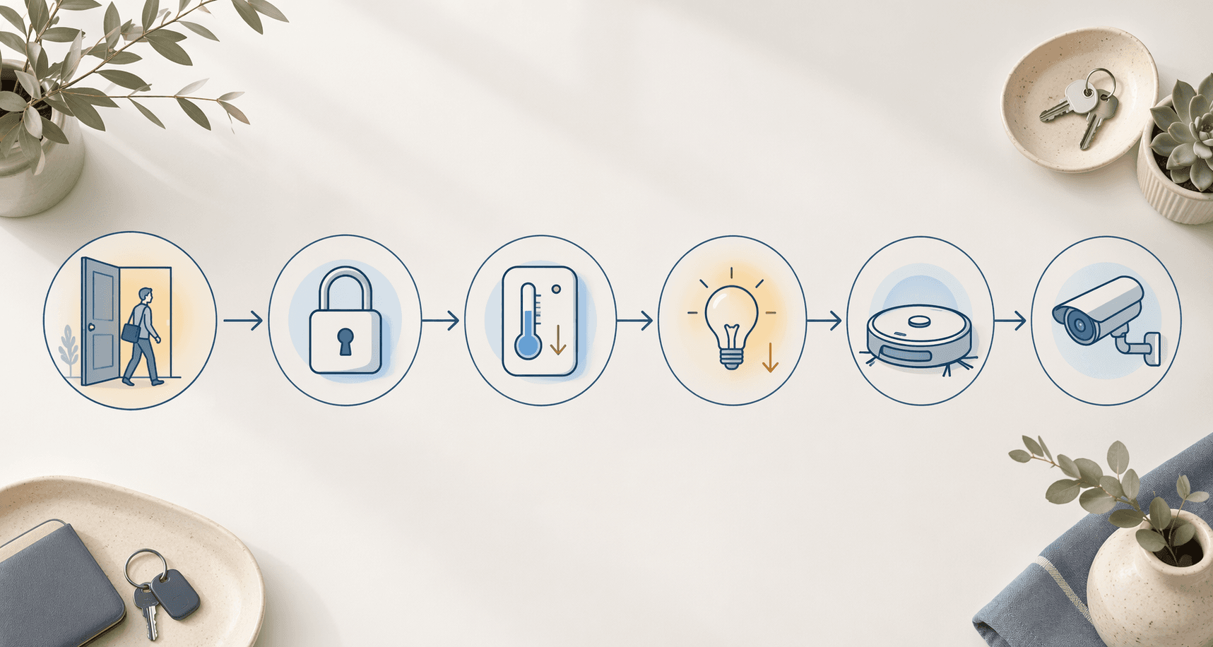Goodbye smart home routine chain showing departure trigger, locked door, thermostat setback, lights off, robot vacuum, and armed camera