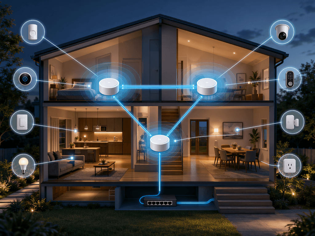 Two-story home with Wi-Fi mesh nodes linked by Ethernet backhaul and smart devices connected nearby