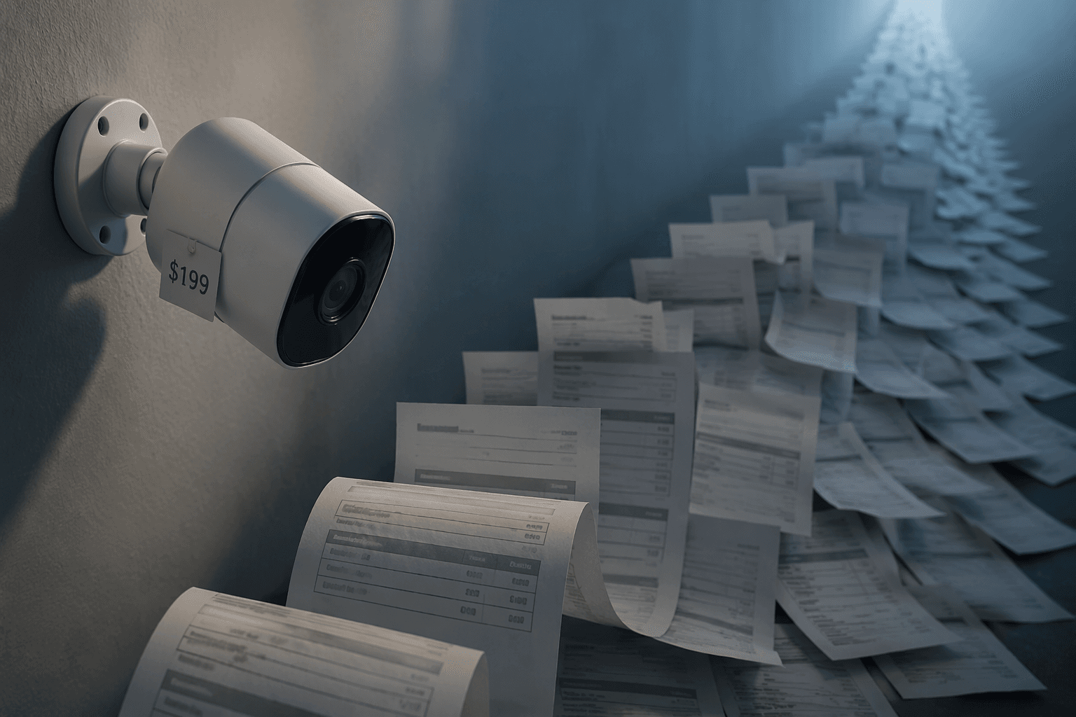 Smart security camera with a visible price tag and a trail of monthly subscription invoices