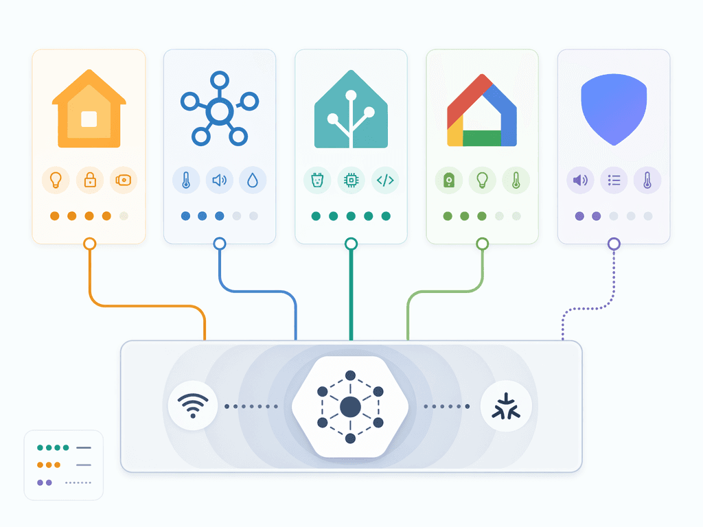 Platform cards connected unevenly to a Matter and Thread protocol layer