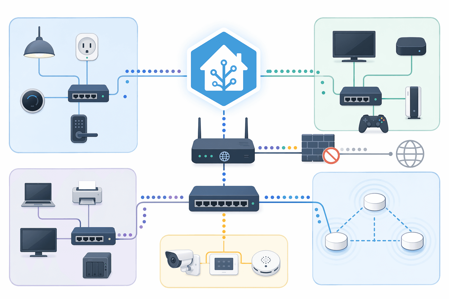 Home network diagram with router, switch, VLAN zones, mesh node, and a blocked packet path