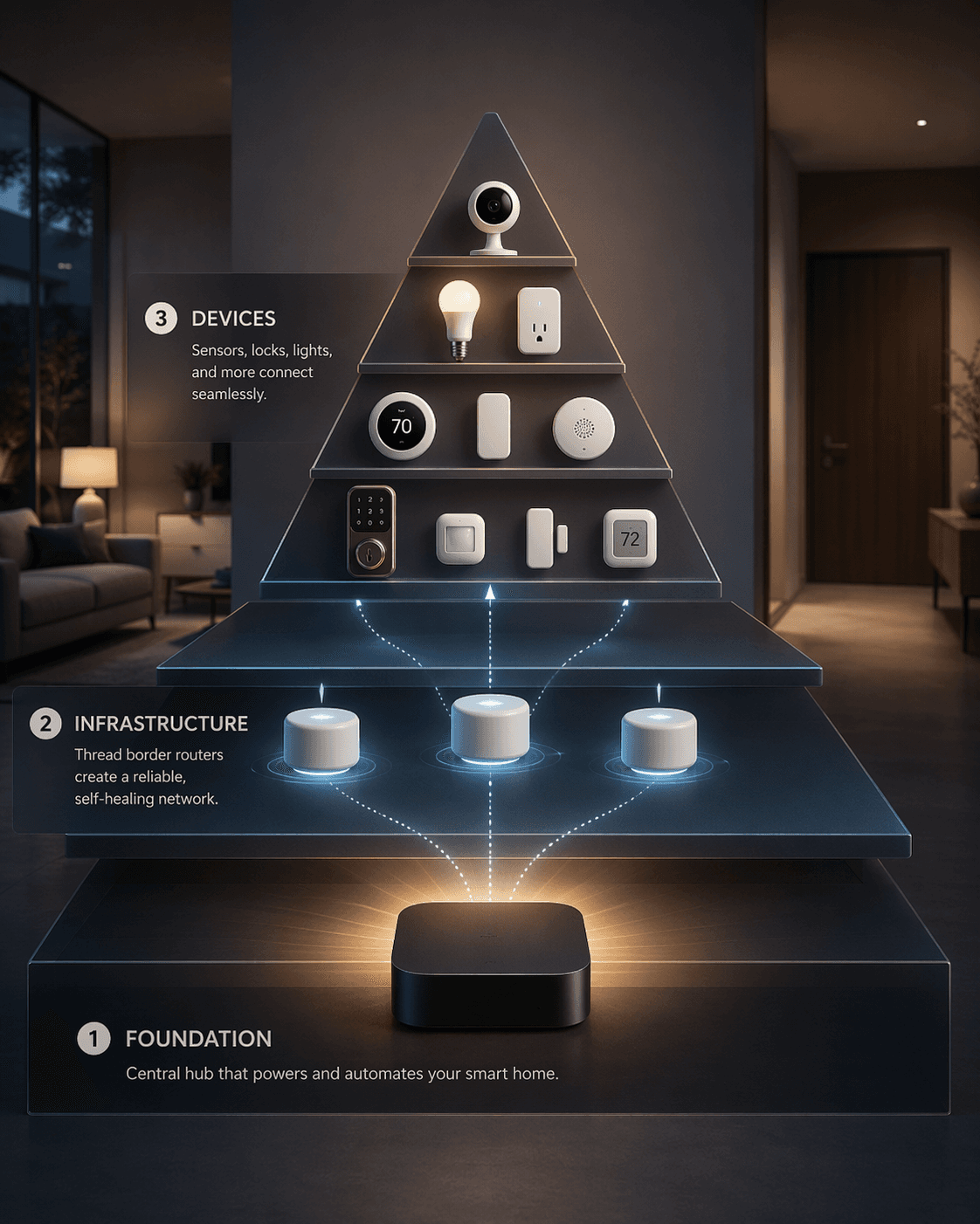 Layered Apple smart home buying hierarchy with a central hub, Thread border router nodes, and device categories above