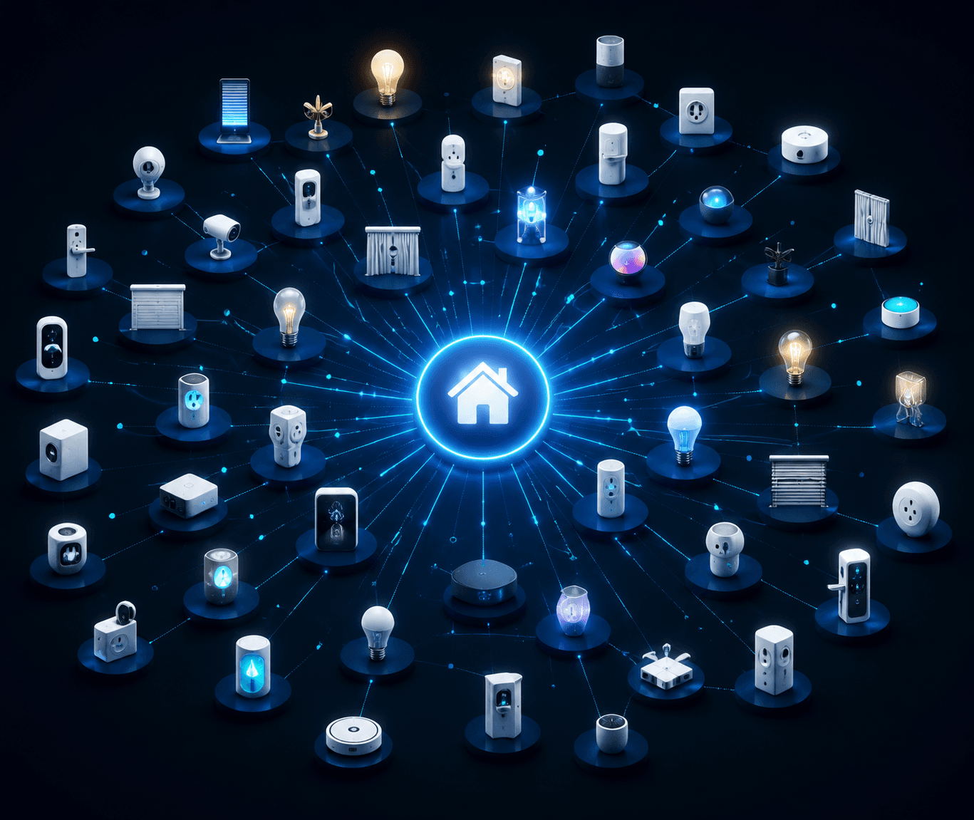 Smart home hub connected to many device categories including lights, locks, sensors, cameras, thermostats, switches, speakers, and a robot vacuum