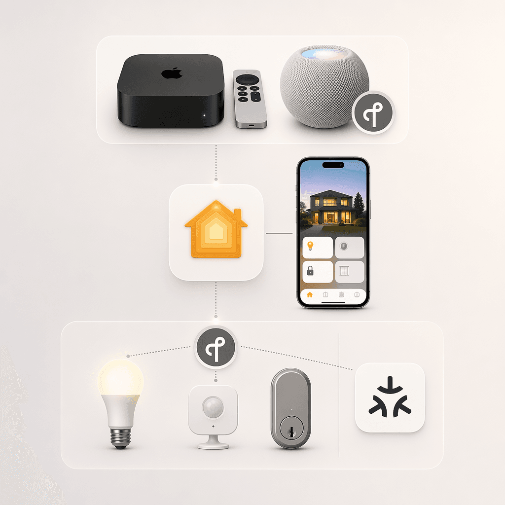 An illustration showing the Apple HomeKit ecosystem with Thread and Matter integration: an Apple TV 4K and HomePod mini with Thread border router badges at the top, a HomeKit hub icon connected to a Home app interface in the middle, and Thread-enabled devices and a Matter logo at the bottom.