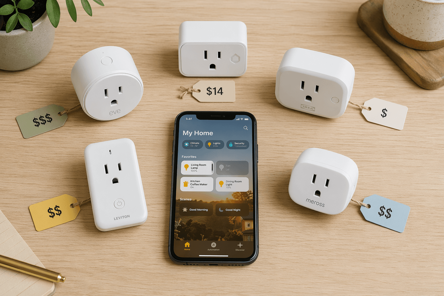 Five white smart plugs arranged around an iPhone showing the Apple Home app with price indicators