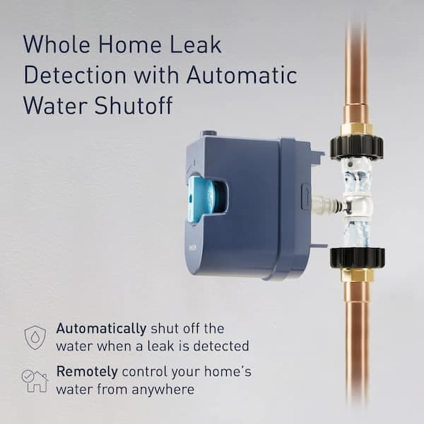 Moen Flo smart water monitor and automatic shut-off valve on a white and blue background