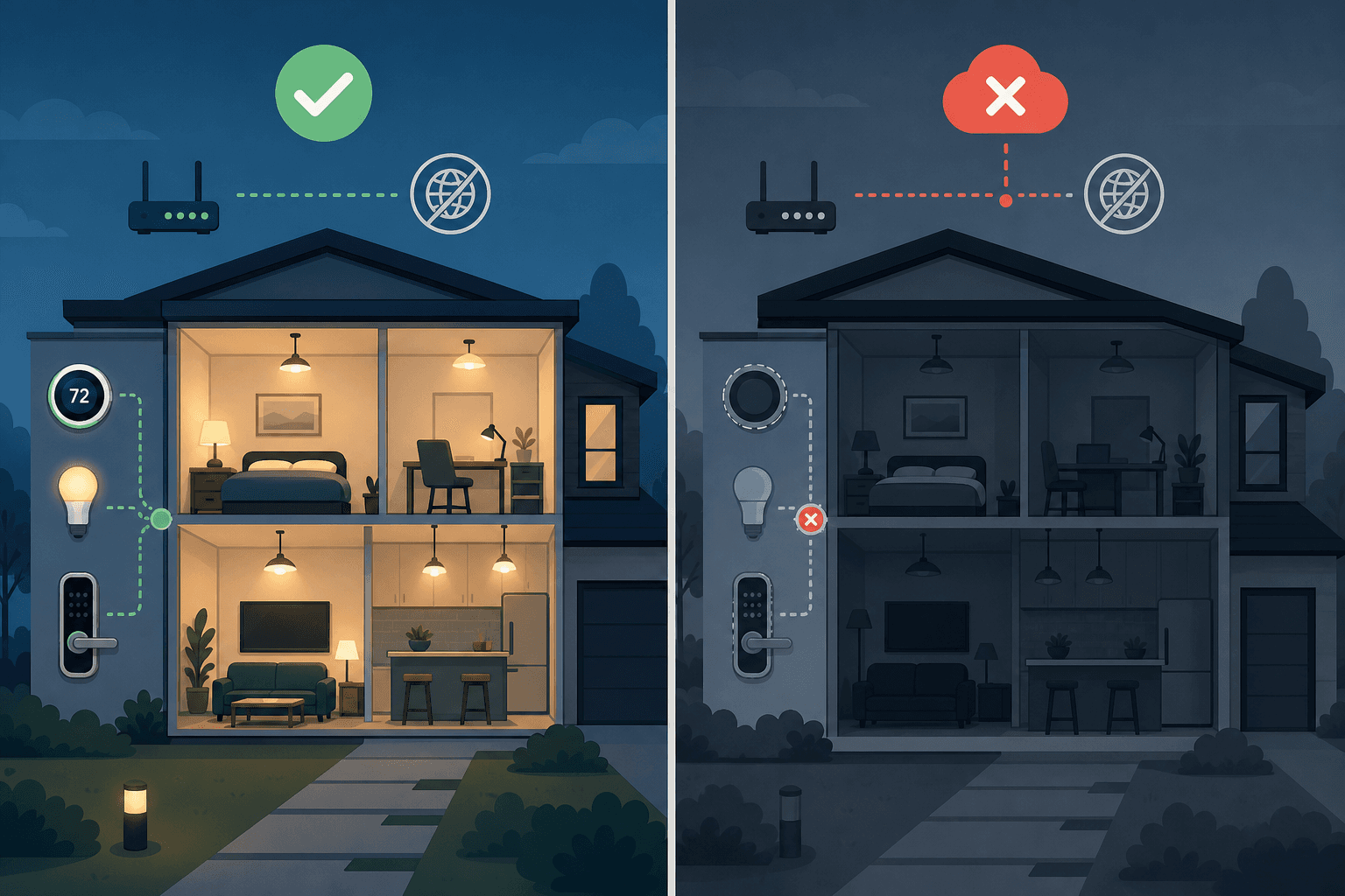 Split-screen illustration comparing a local system (active, lit home) with a cloud-dependent system (dark, disconnected home) during an internet outage.