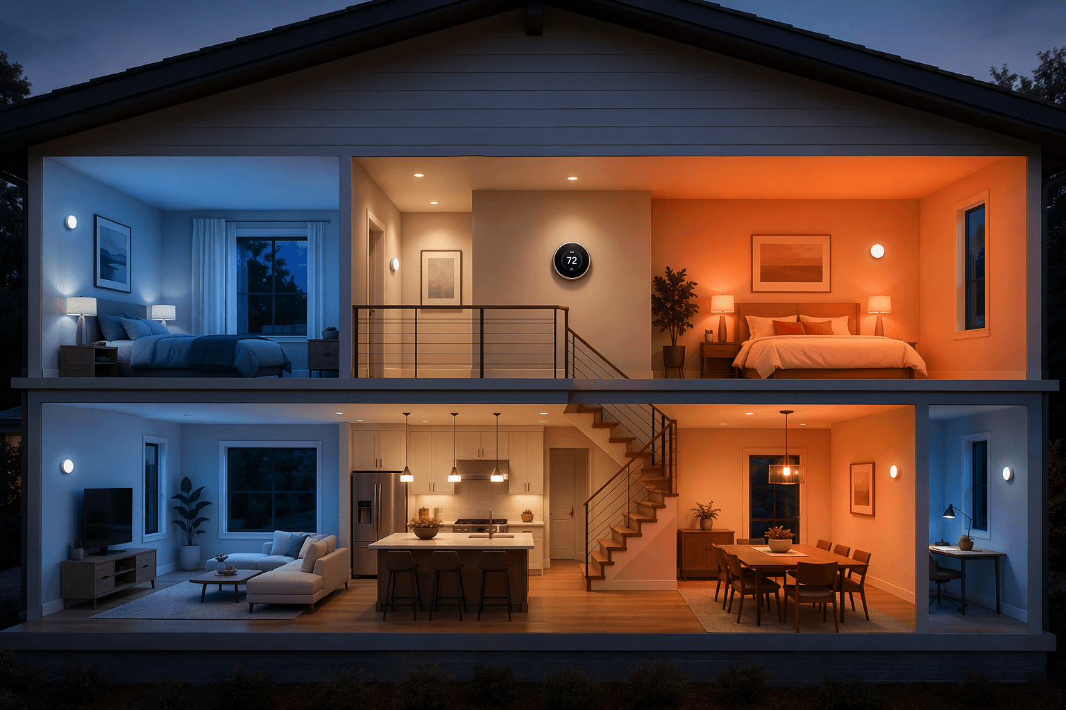 Two-story home cutaway showing uneven warm and cool rooms despite a comfortable hallway thermostat reading