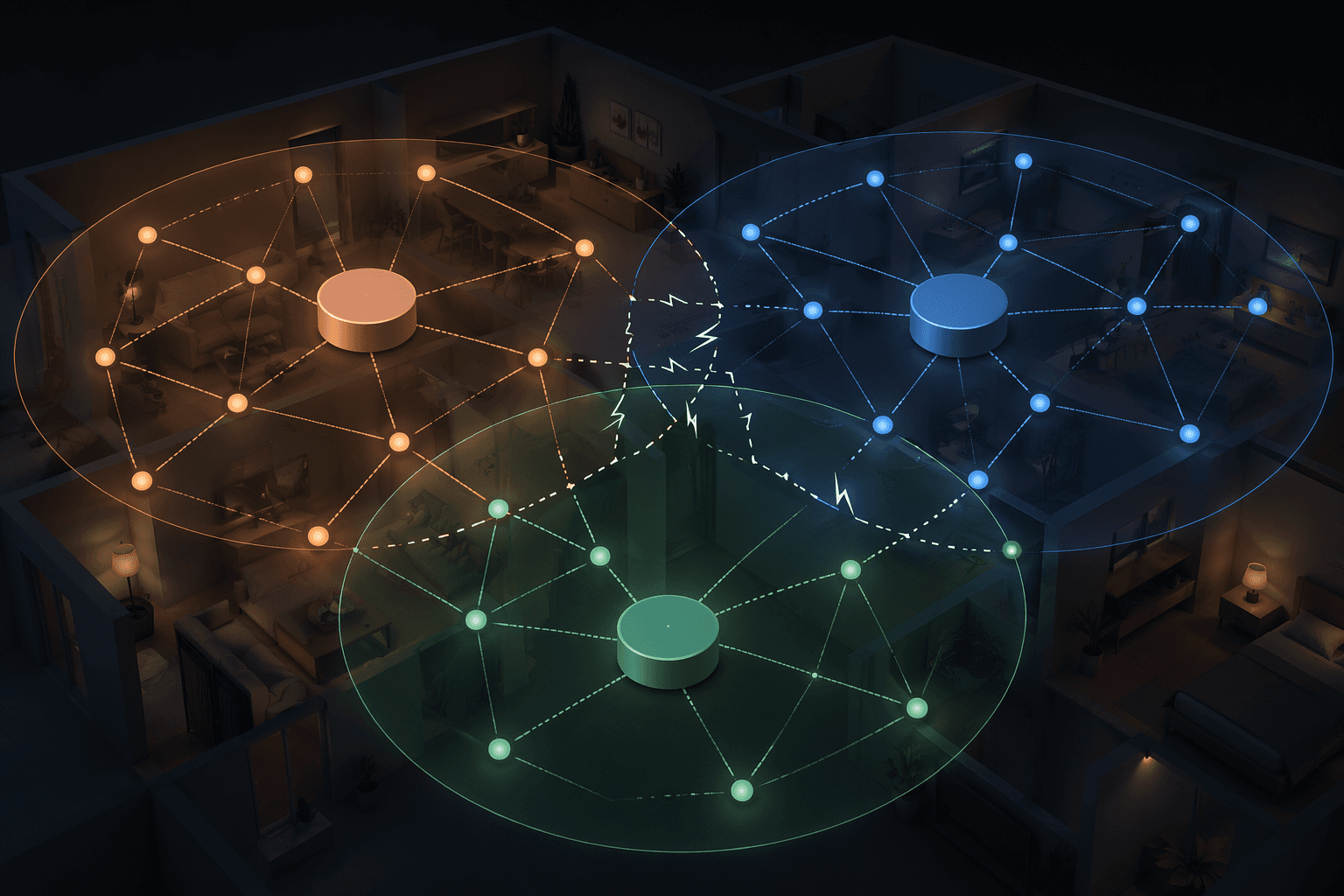 Three smart home hub shapes emitting overlapping mesh networks that clash and fragment