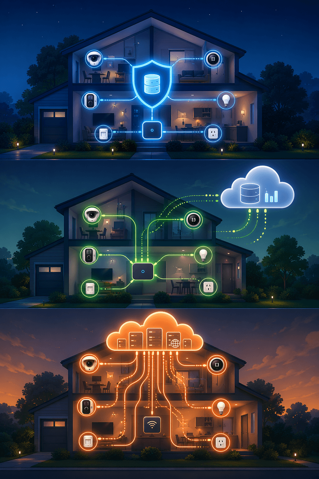Three tiers of smart home privacy from local-only control to partial cloud use and extensive cloud data pipelines
