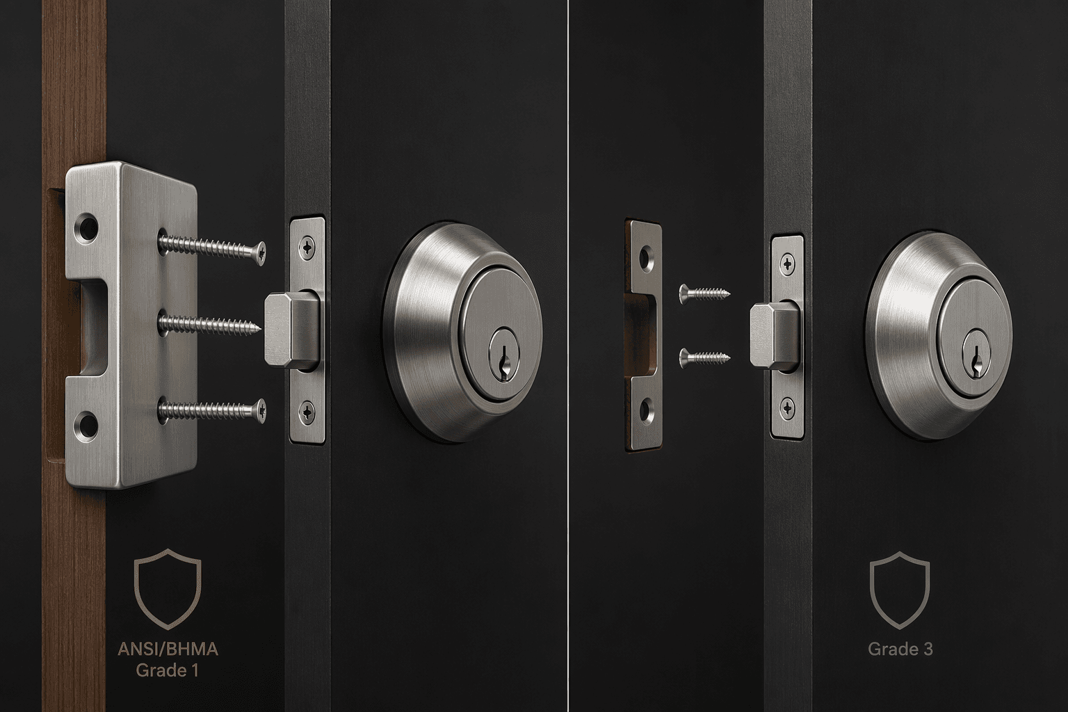 Side-by-side comparison of a heavy-duty smart deadbolt with thick strike hardware and a lighter smart lock with shorter screws