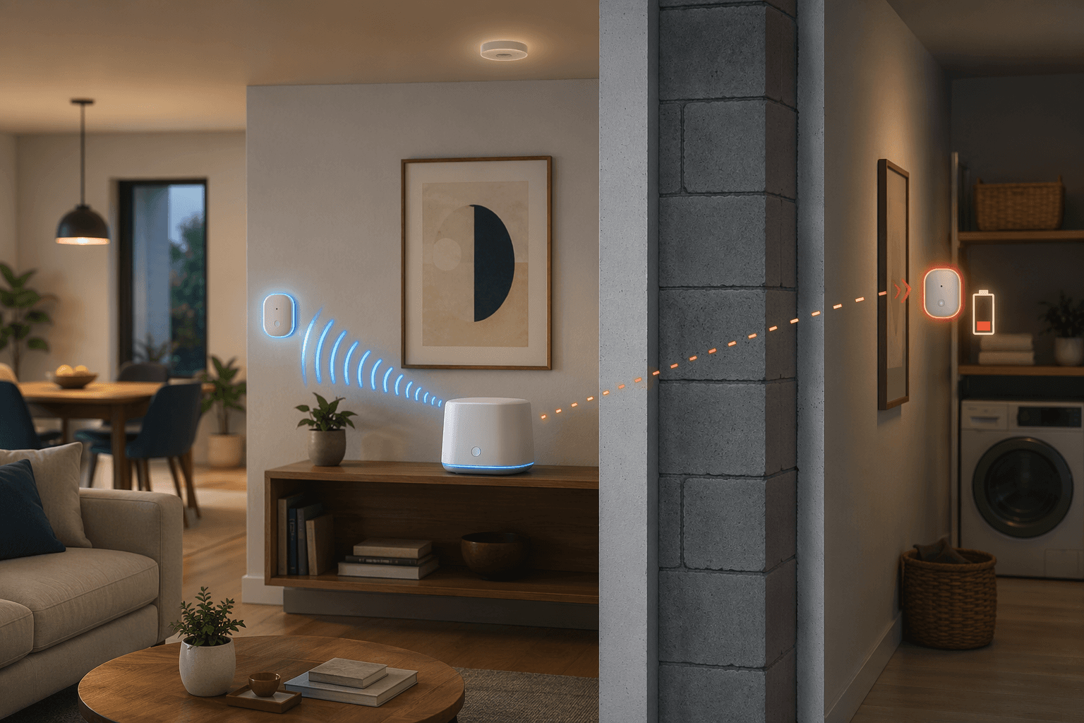 Smart home hub on a shelf with one nearby sensor showing strong signal and one distant sensor behind a wall showing weak signal and a depleted battery