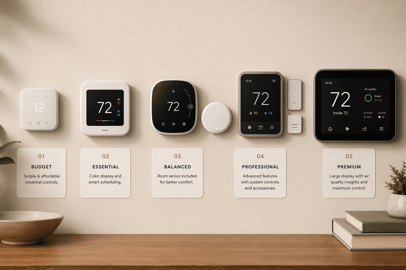 Five stylized smart thermostats arranged from budget model to premium large-screen model