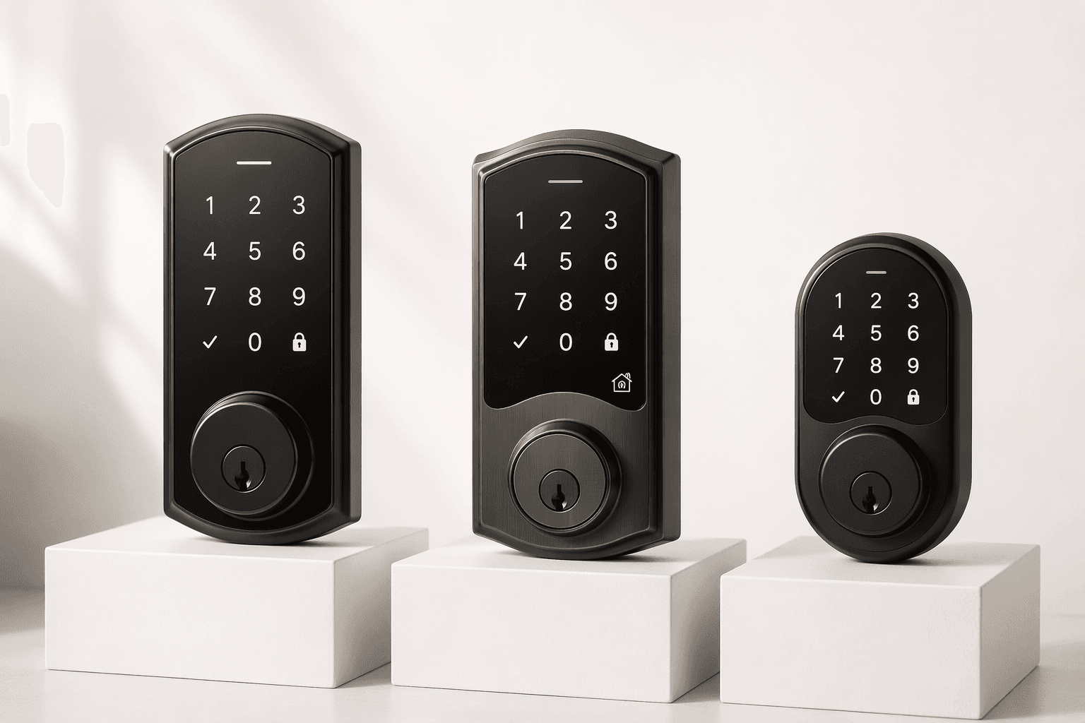 Halo Select, Halo Select Plus, and Aura Reach Kwikset smart locks shown side by side