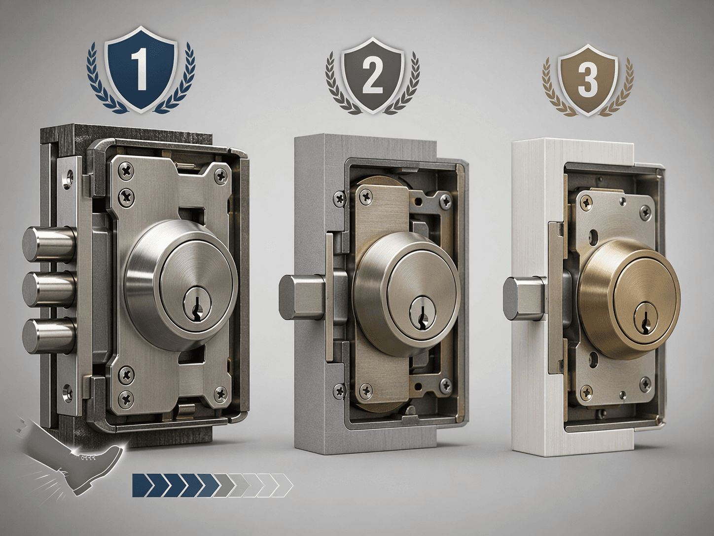 Three deadbolt locks showing Grade 1, Grade 2, and Grade 3 construction differences