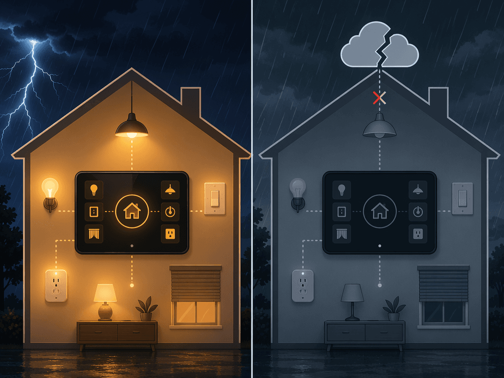 Split illustration of a smart home control panel that keeps local devices working during an internet outage versus a cloud-dependent panel that loses control