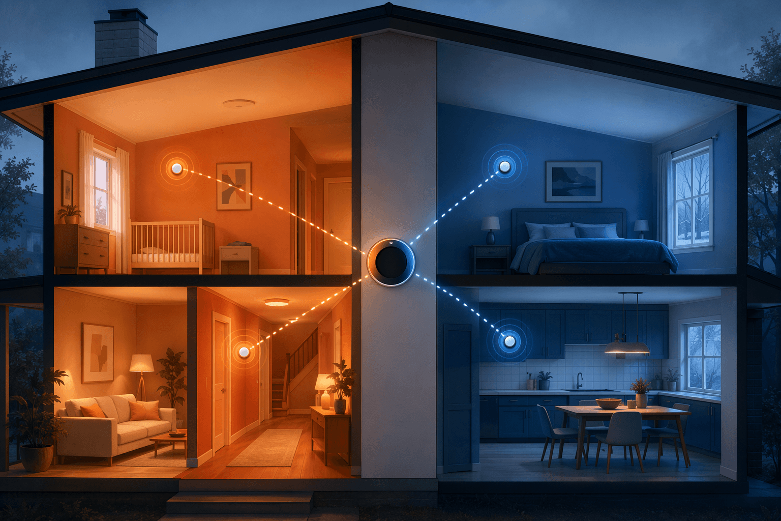 Two-story home illustration showing uneven temperatures between hallway and bedroom zones with remote sensor nodes communicating with a central thermostat