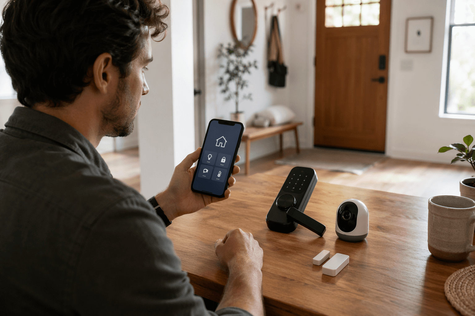 A person troubleshooting smart home security devices with a phone, smart lock, camera, and door sensor on a table