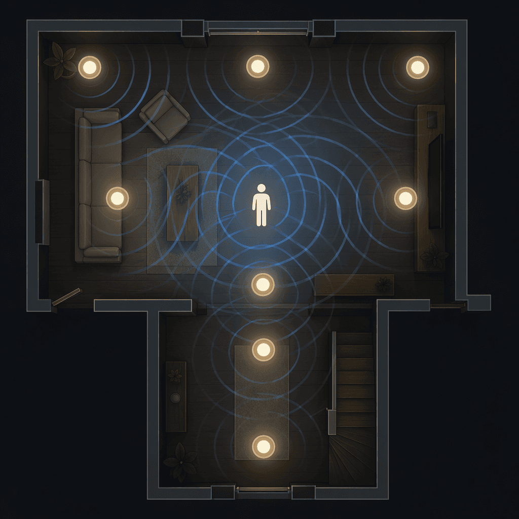 Floor plan showing Hue lights using overlapping Zigbee signal waves for presence detection
