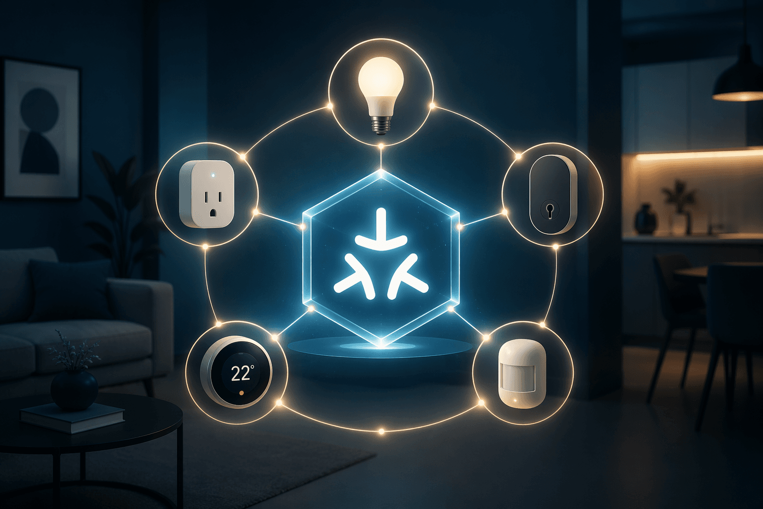 Editorial graphic showing a smart home hub connected to lights, plugs, locks, thermostats, and sensors