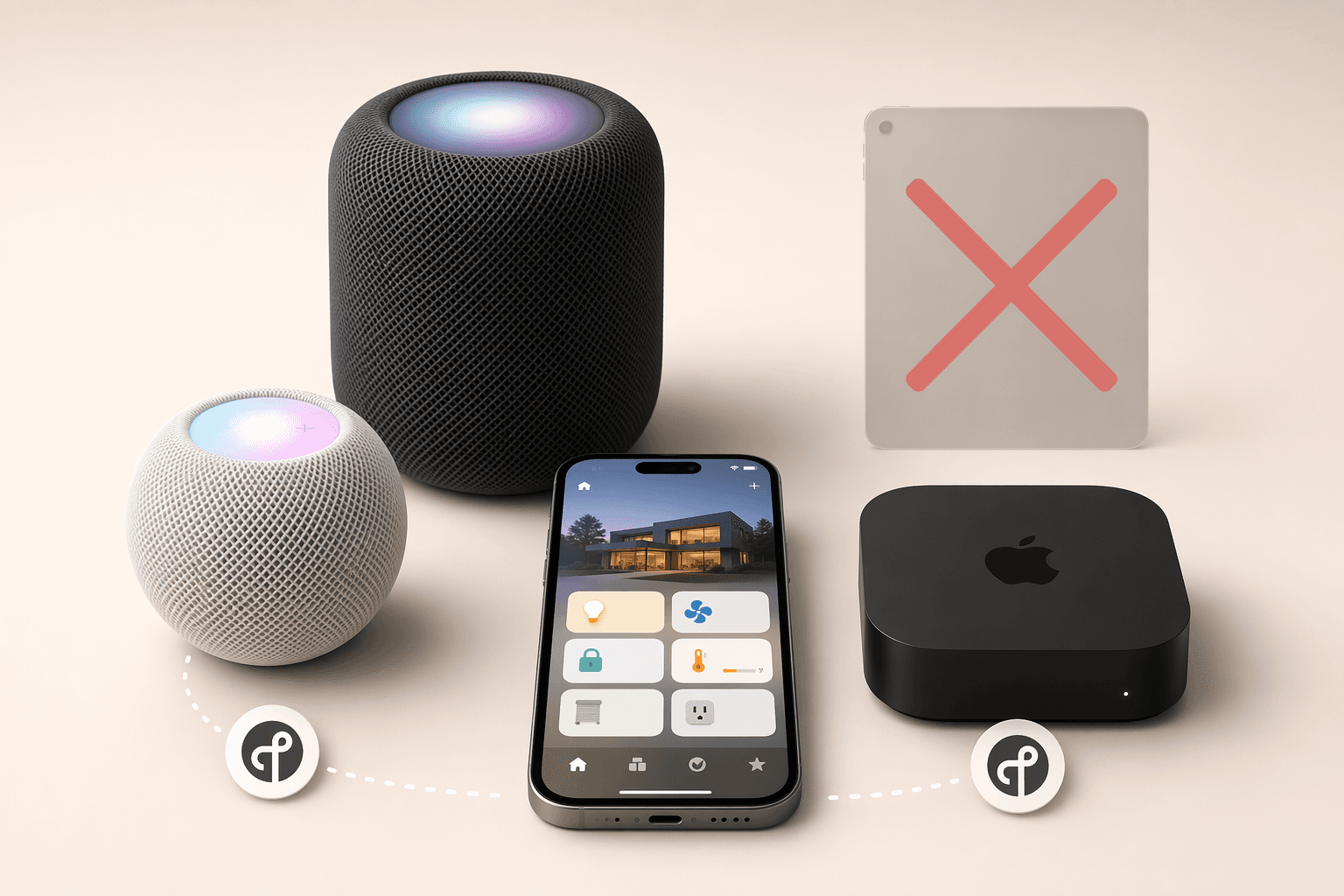 A flat-lay illustration of a HomePod mini, HomePod 2nd gen, and Apple TV 4K arranged around an iPhone showing a smart home app, with a faded iPad icon crossed out in the background.